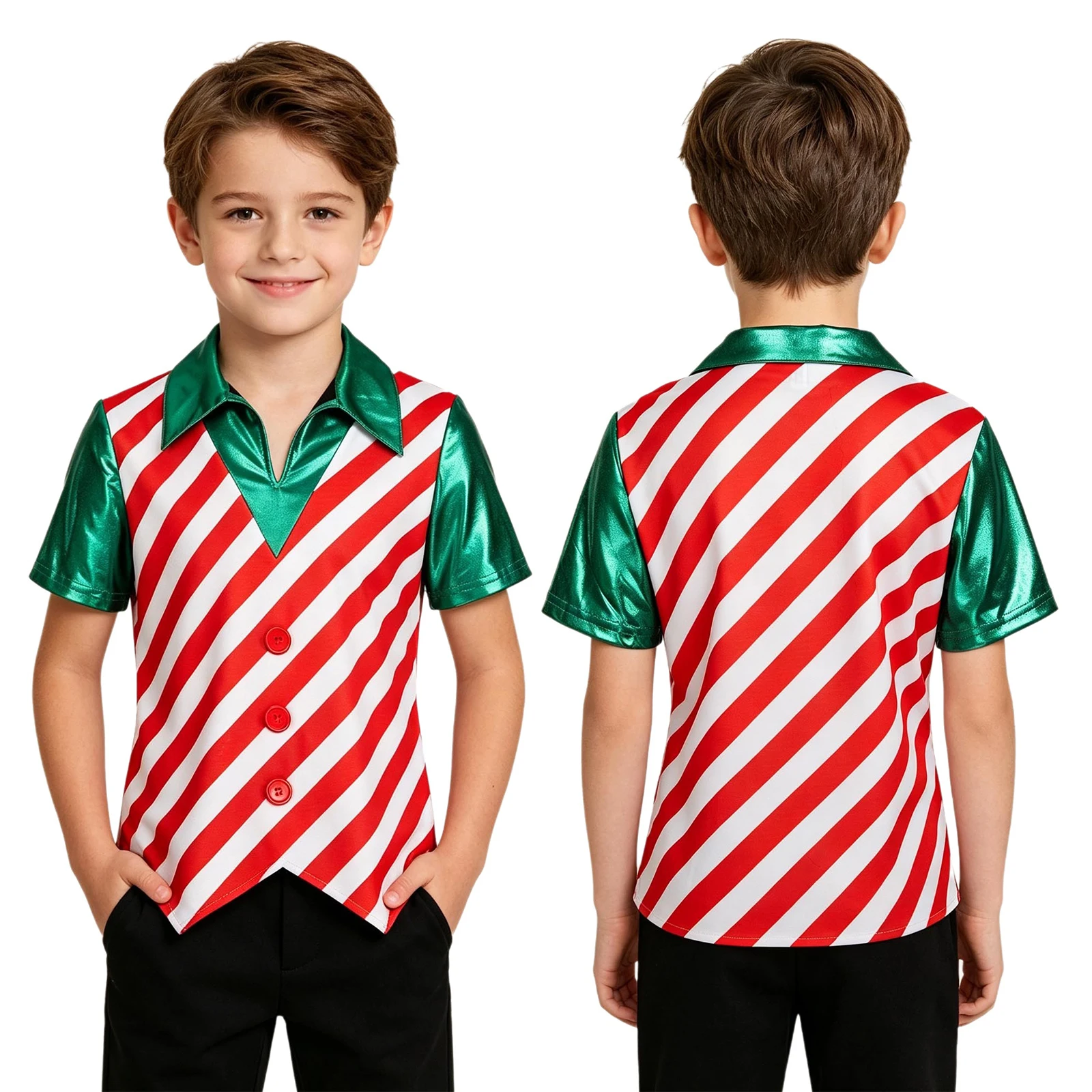 Kids Boys Christmas Candy Cane Costume Short Sleeve Lapel Metallic Shiny Striped Shirt Top for Xmas New Year Party Carnival