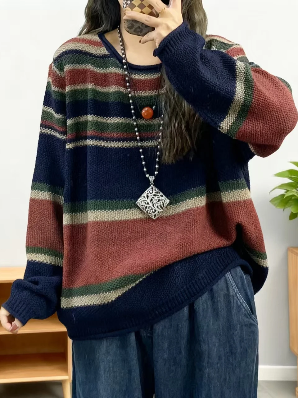 Loose Fit round Ne Long Sve Knitted Sweater Casual Sle Striped Pattern Women's Faionable Autumn New Arrival Top