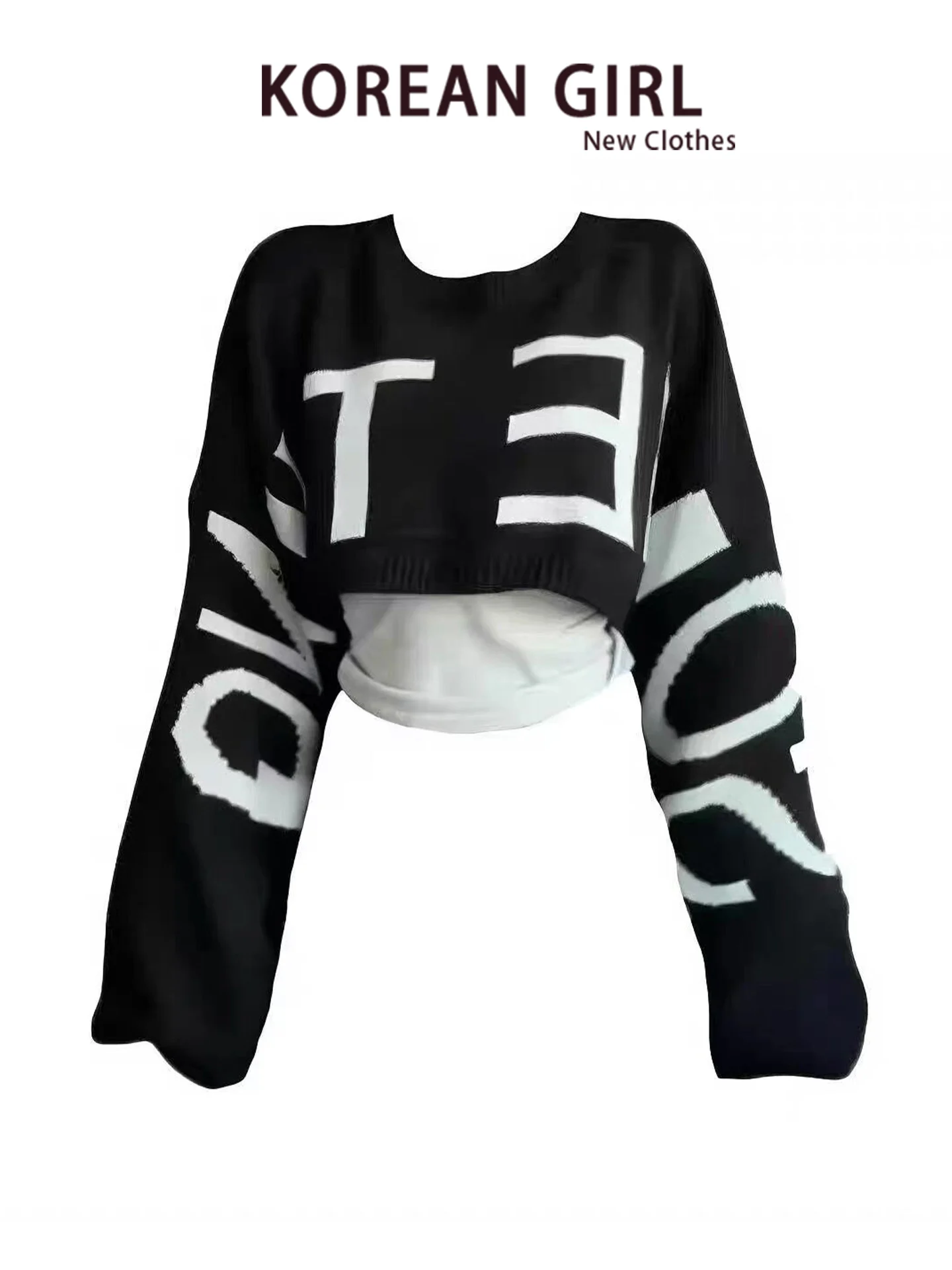 Korean Retro Lazy Letter Short Knitted Cover up Women's Long Sleeve Loose Slimming Top for Autumn Winter Casual Fashion