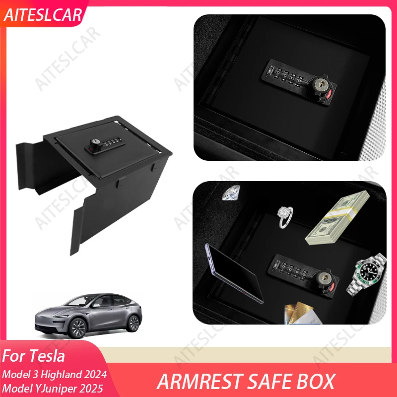 

Сейф-органайзер на центральной консоли Carbonsteel для Tesla Model Y Juniper и Model 3 Highland 2025 2026, замок на подлокотнике с замком