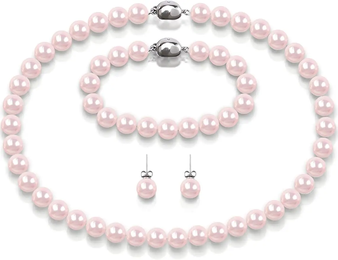 Pearl Necklaces Set For Women Men,10mm Round romantic Pink Shell Pearl Necklace Includes Bracelet Stud Earring 3 Piece Jewelry