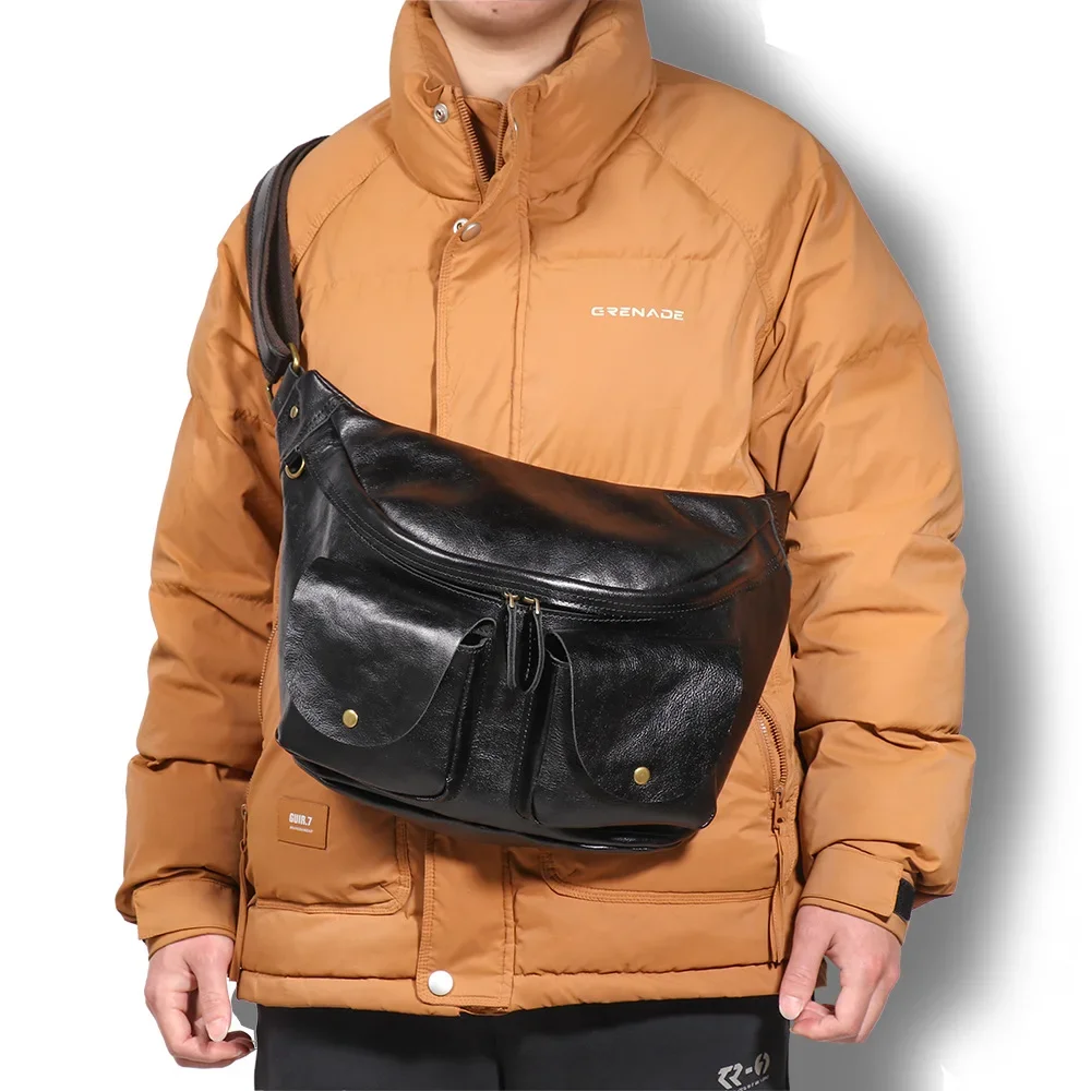 Men's Vintage Leather Chest Sling Bag Vegetable-Tanned Crossbody Backpack for Travel & Cycling