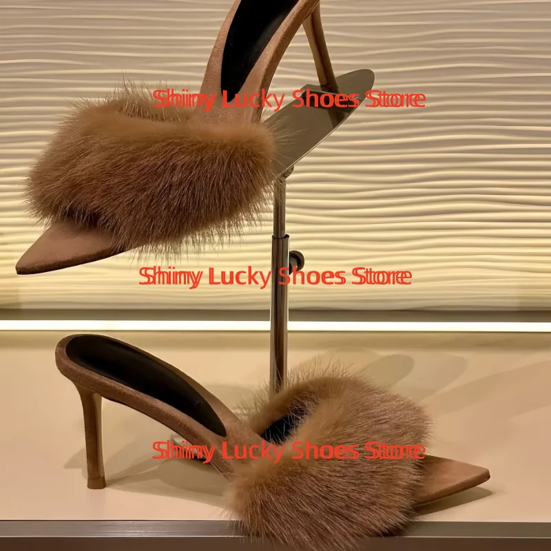 أحذية فرو المنك للسيدات أشار تو الكعب العالي الصلبة الإناث مضخات خطوط الخياطة Tacones بولي Leather الجلود Chassure فام النعال Mujer #1