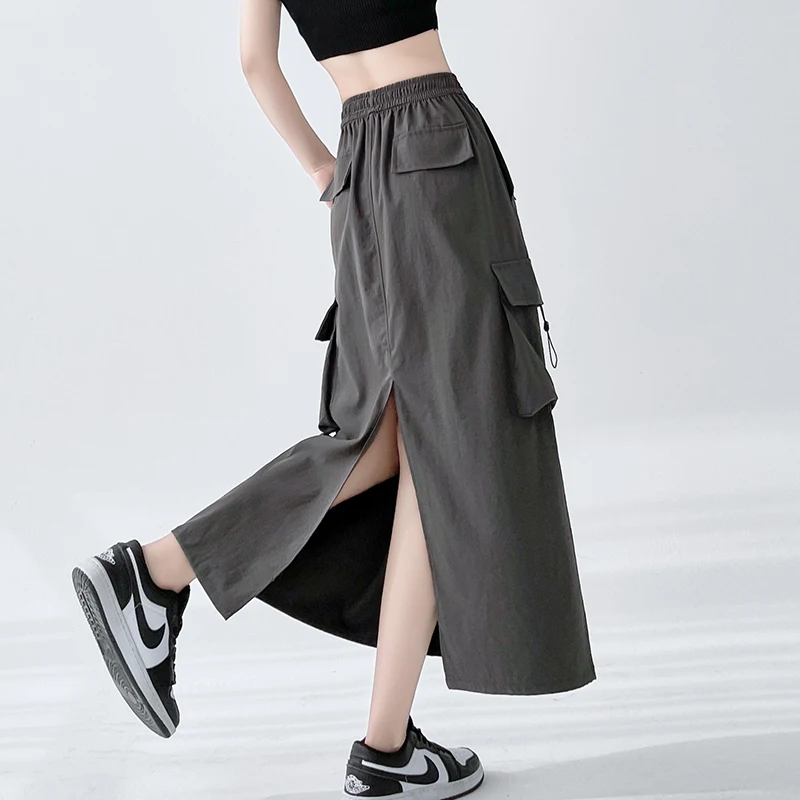 

Юбка-миди с высокой талией и плиссировкой для женщин, в корейском стиле, уличная мода, сексуальная юбка с разрезом, Y2K, свободная, в стиле хип-хоп, универсальная, женская юбка-карго