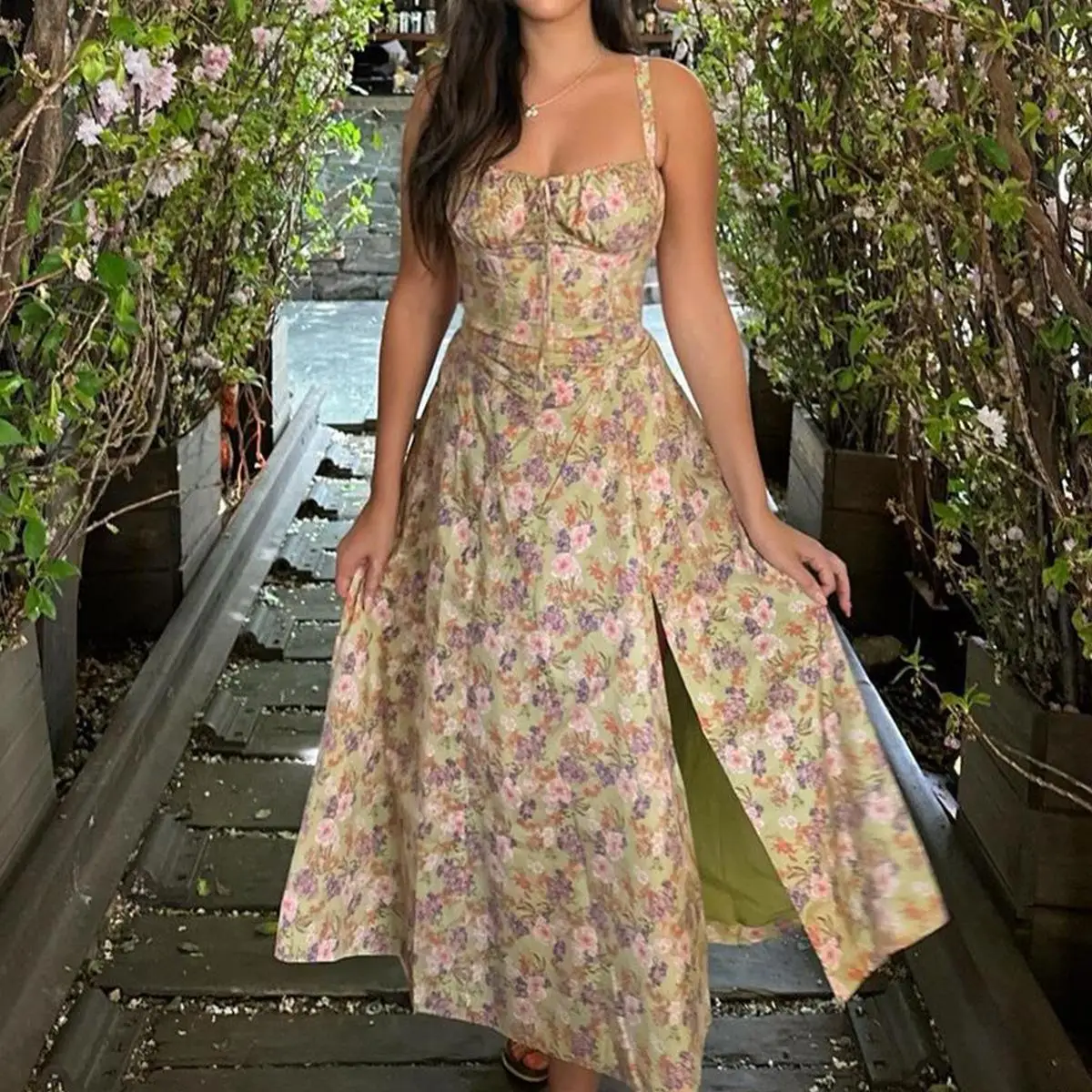 

Sexy Bal Slim Fit Strap Dr Vaion Sle Floral Split mid Length Skirt High Waist A-Line Gown Summer Season Long Dr