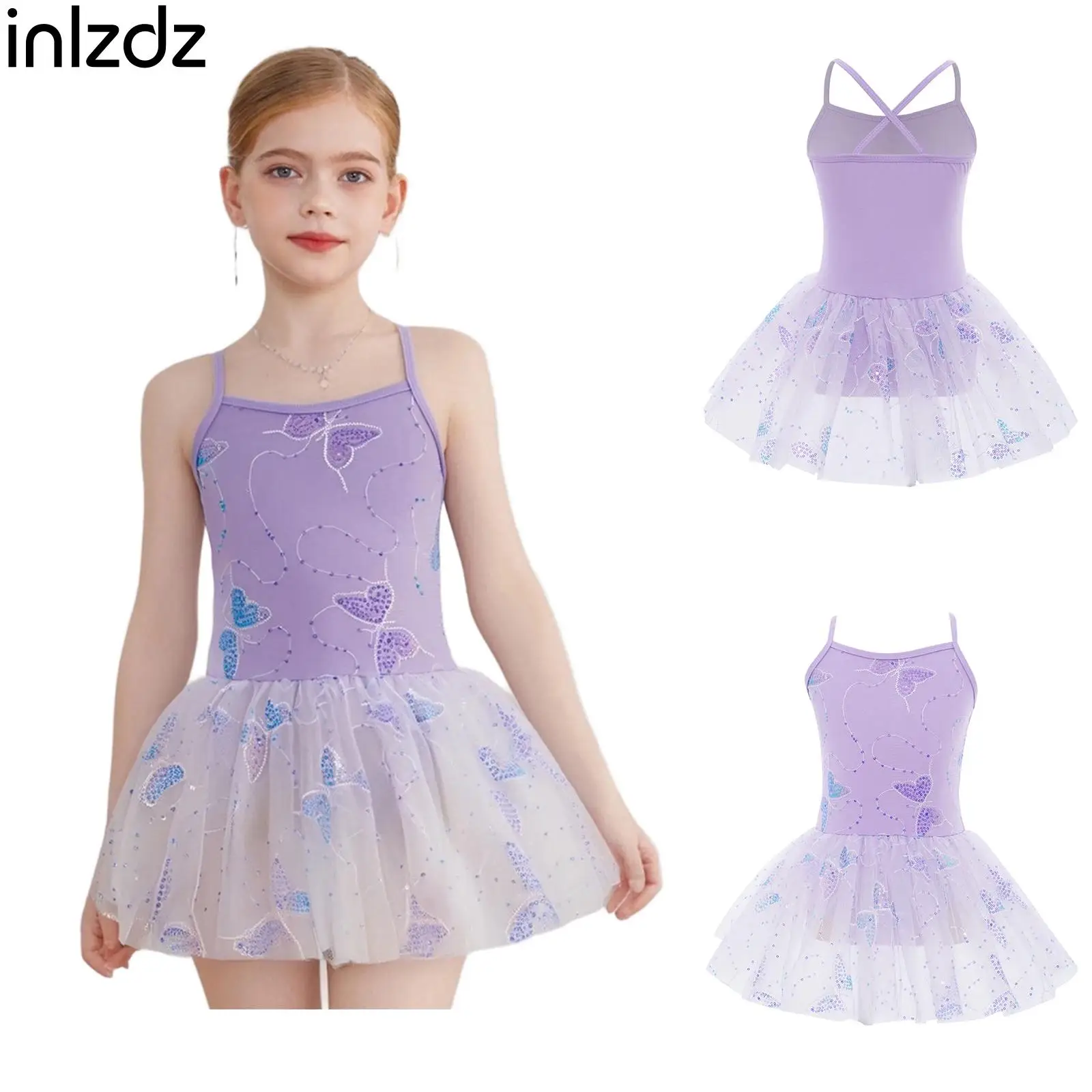 

Kids Ballet Dress Gymnastics Leotard Cross Back Sequin Butterfly Embroidery Dress+Built-in Briefs Girls Performance Dance Wear