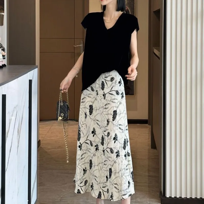 

Minimalist New Summer Women's Elastic Waist Printing Pleated Fashion Elegant Versatile Loose High Waist Mid Length A-line Skirts