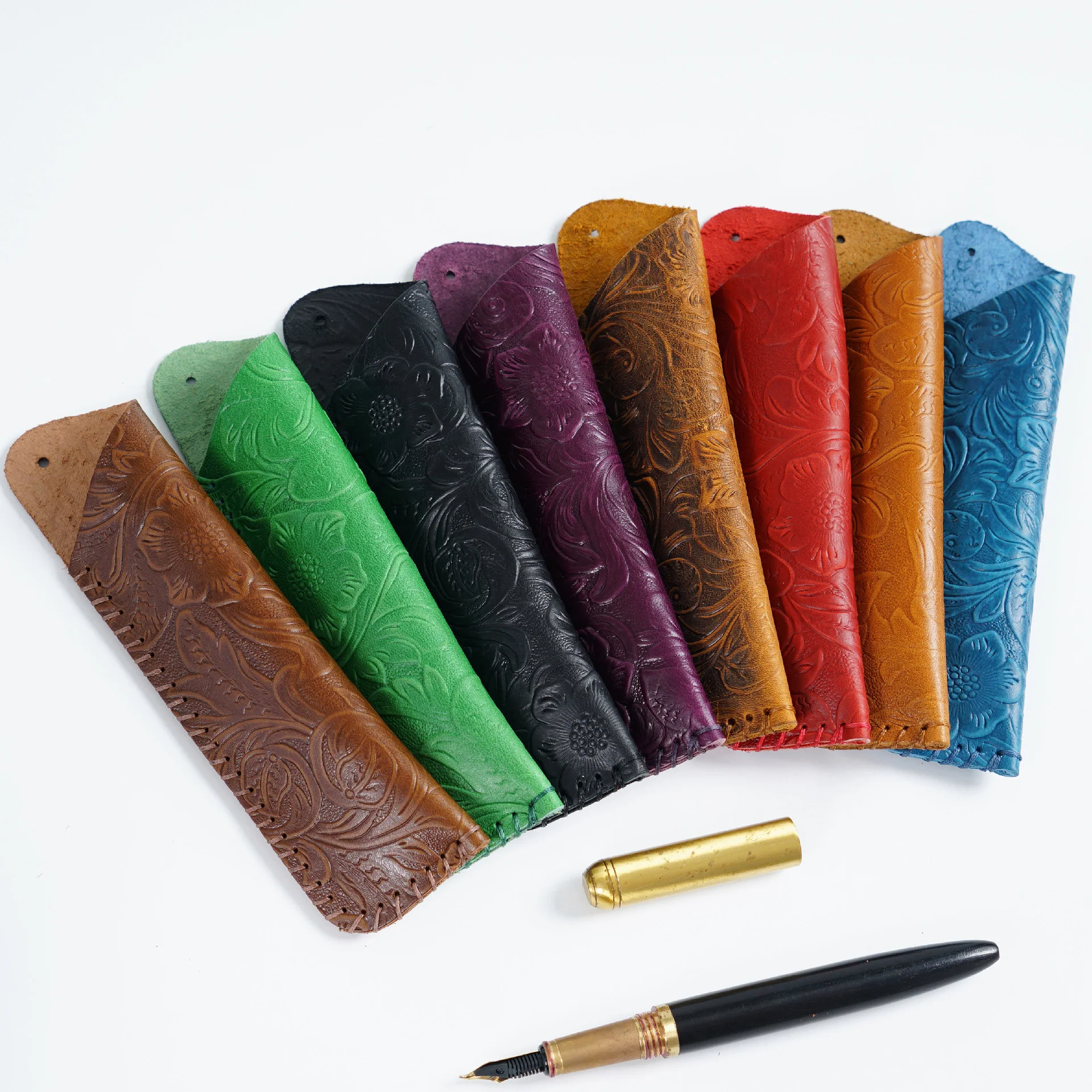 Genuine Leather Pencil Bag With Flower Embossed Leather Boy's and Girl's School Students Pen Holder Simple Retro Pencil Bag