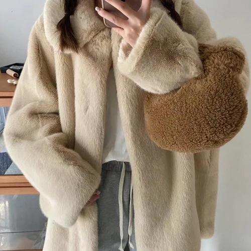 「고급브랜드」플리스 코트 한국 스타일 긴 소매 중간 길이 여성용 플리스 퍼 칼라 여성용 환경 친화적 코트 외투 자켓 코트 