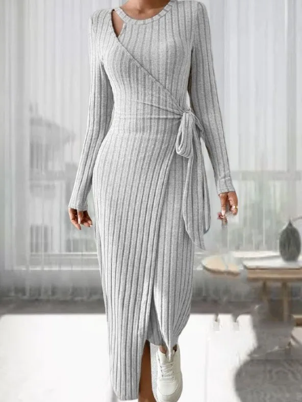 2024 Wiosna Jesień Nowa Damska Koronka w Paski Moda Okrągły Dekolt Długi Rękaw Slim Fit Wrap Hip Bow Casual Wygodna Sukienka