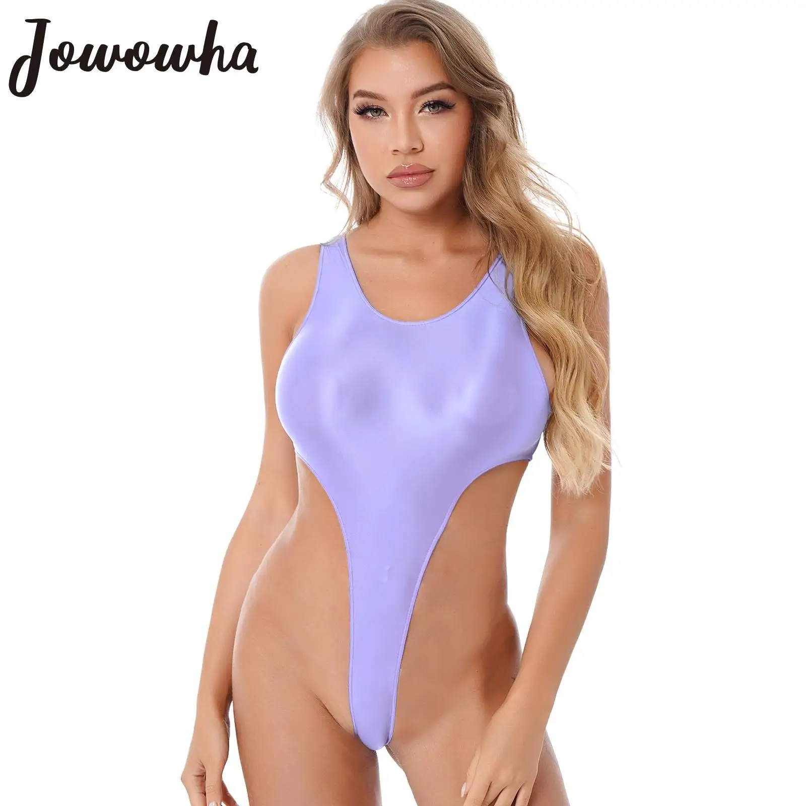 

Womens Glossy Swimsuit One-piece High Cut Bodysuit Sleeveless Solid Color Round Neck Leotard Bodysuit Swimwear Bathing Suit