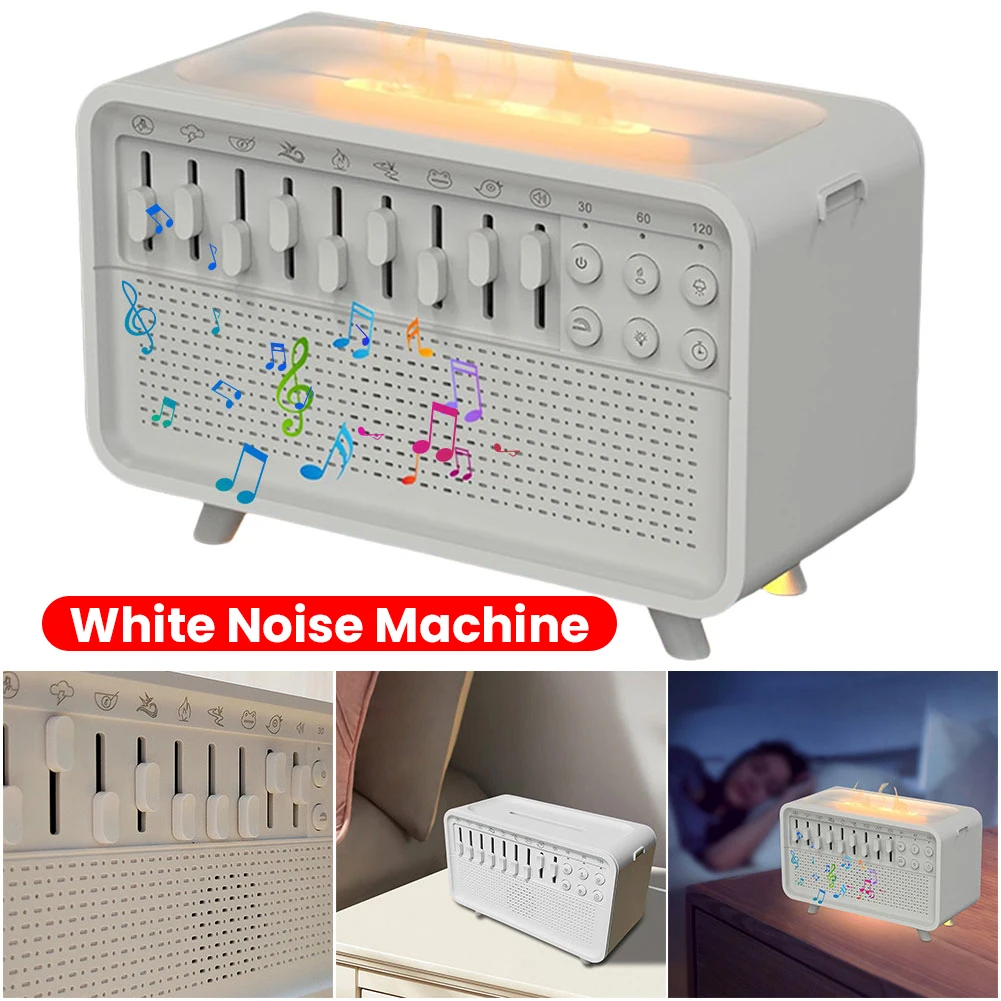White Noise Machine Flame Air Diffuser Humidifier with 8 Nature Sounds BT Speaker Night Light Essential Oil Diffuser for Bedroom