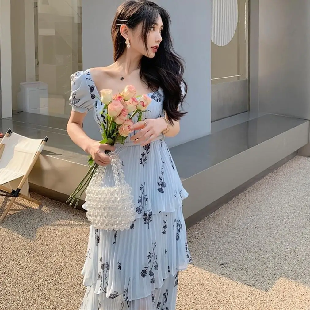 

2022 Summer Runway Celebrities Cascadding Ruffles Floral Dress Blue Casual Beach Midi Long Dresses S P