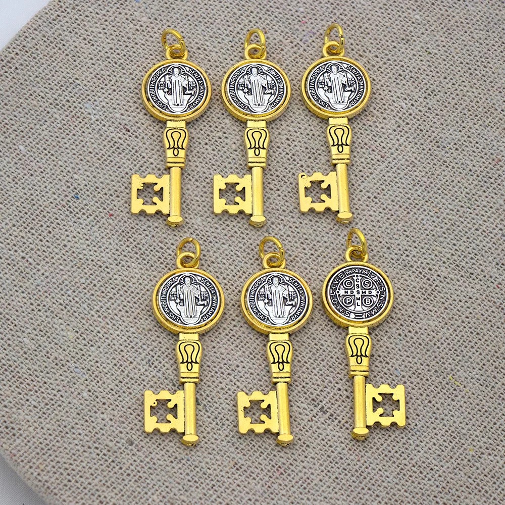 6pcs Saint St Benedict Medal Cross Key Spacer Charm Beads Pendants Alloy Handmade Jewelry DIY T1692