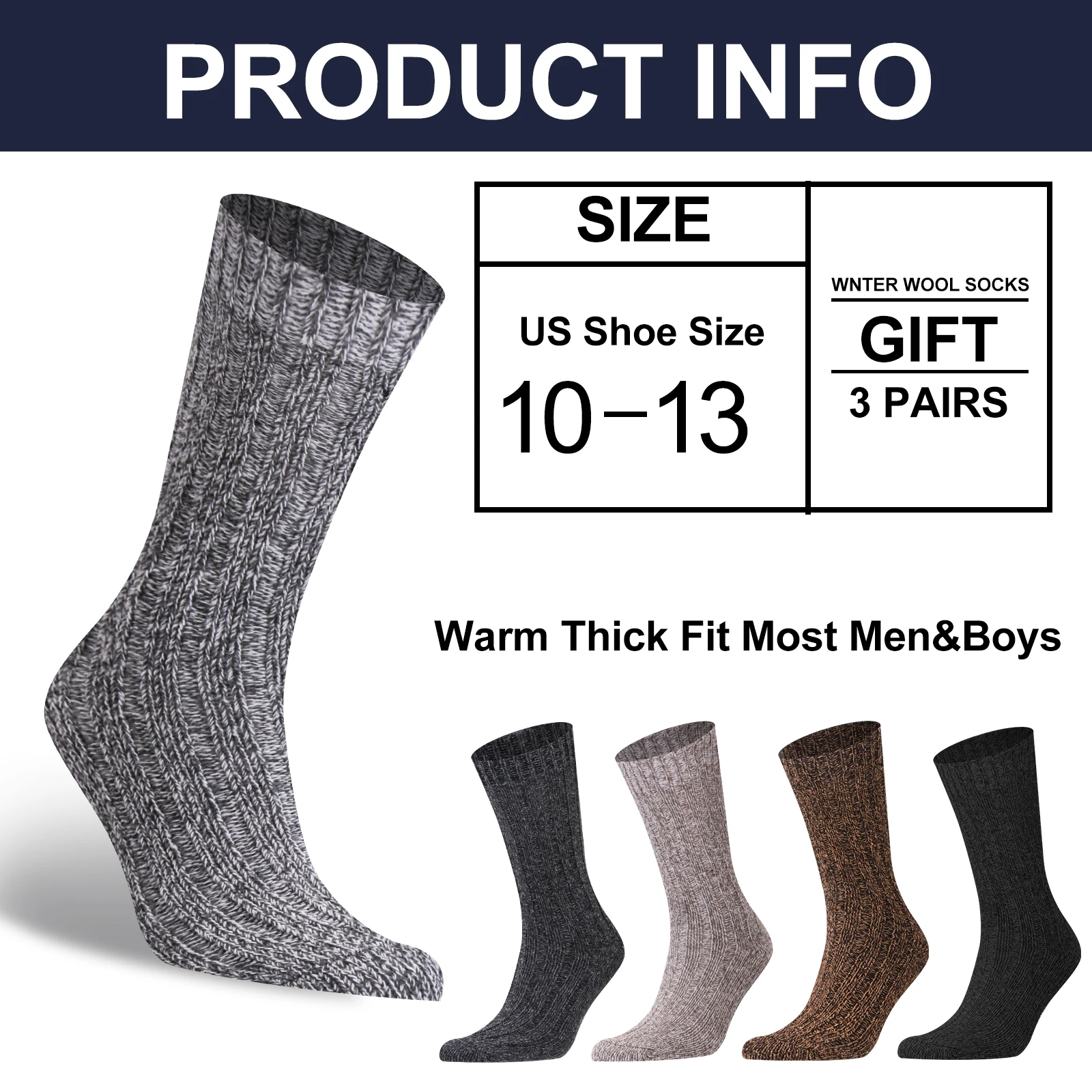 3 Pairs Men Socks Winter Thermal Warm Thick Knit Soft Classical Business Vintage Traditional Casual Crew Boot Socks Gifts