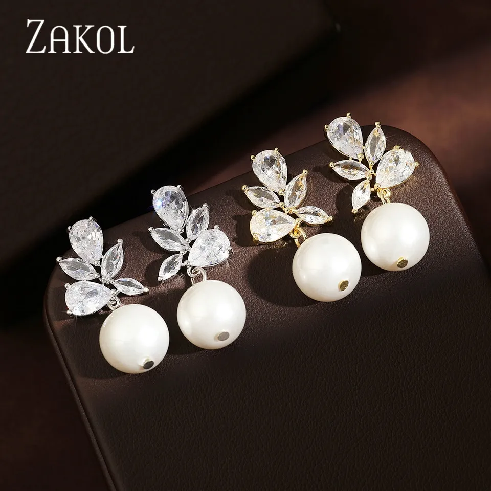 ZAKOL Minimalist Imitation Pearl Round Drop Earrings for Women Cubic Zirconia Leaf Bride Wedding Ear Jewlery Stylish Charm