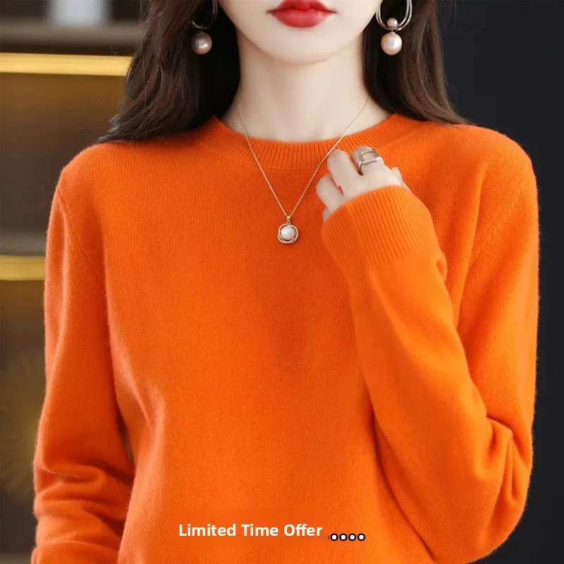 여성용 라운드 네오트 울 스웨터 루즈핏 다용도 베이스 레이어 니트웨어 가을 겨울 한국 스타일