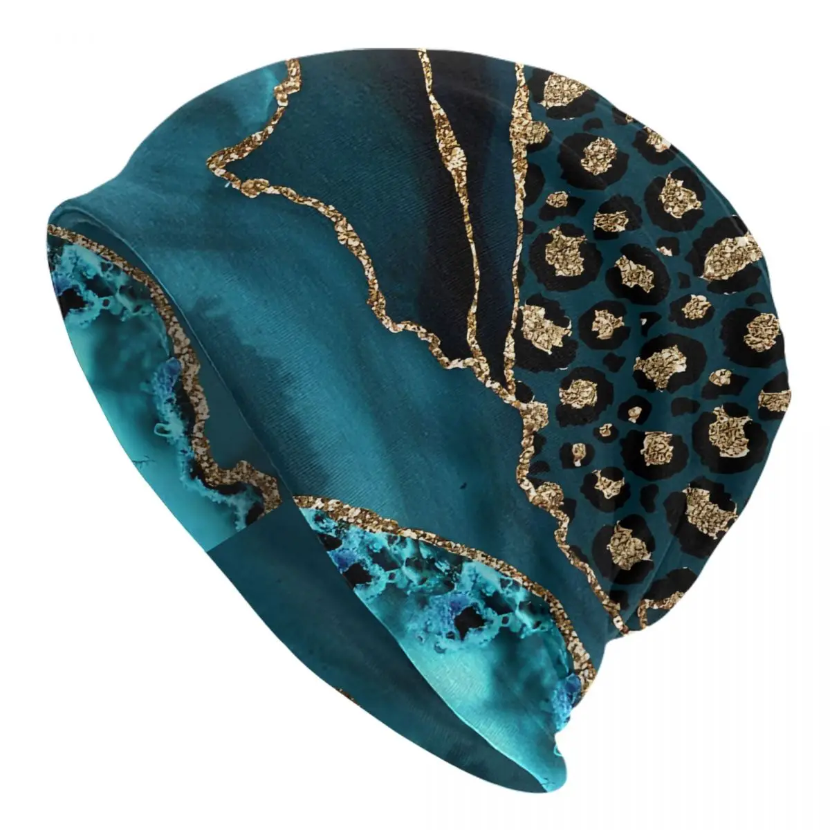 Teal & Gold Leopard Agate Washed Thin Bonnet Cycling Casual Beanies Protection Men Women Hats