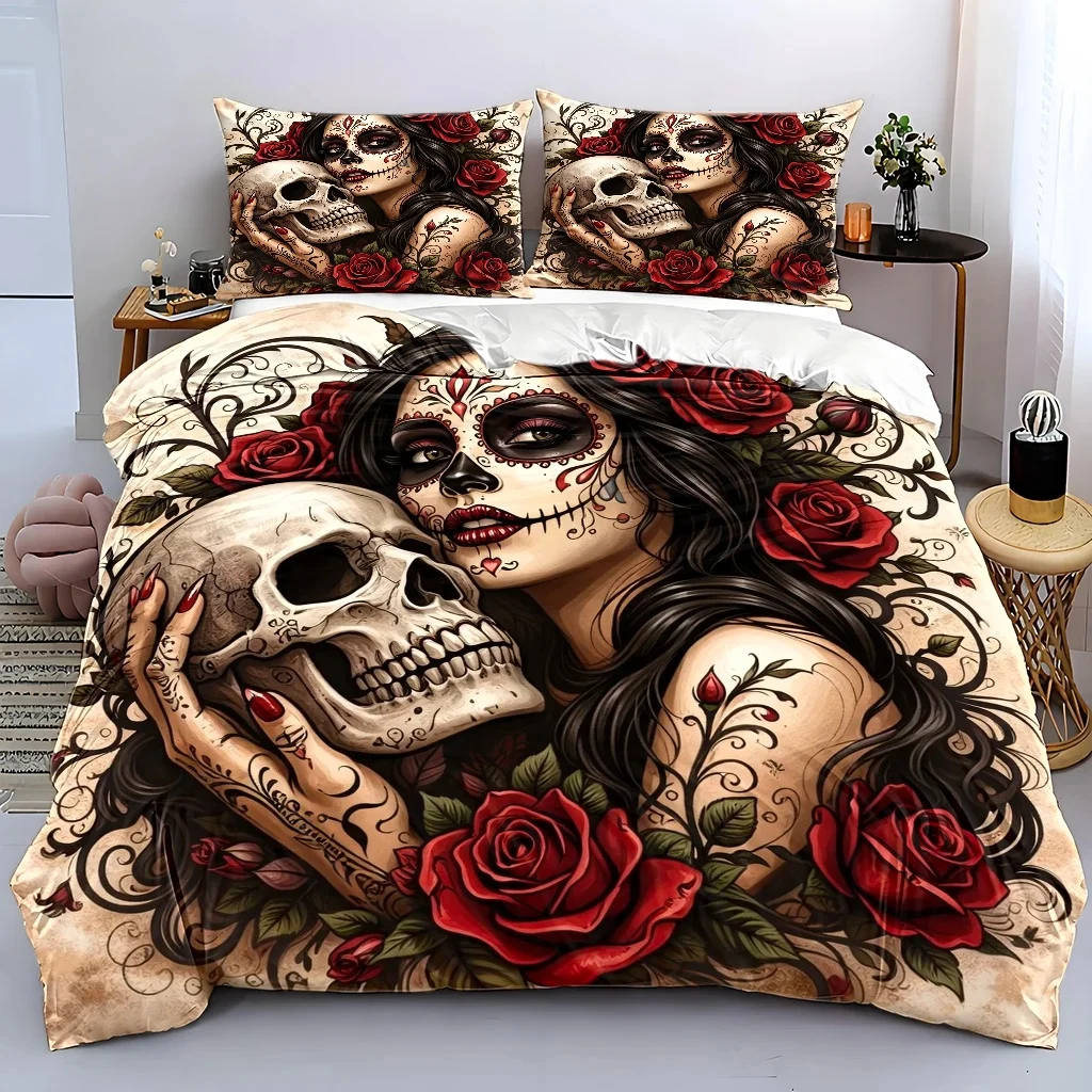 3Pcs Day of the Dead Duvet Cover Set Catrina Skull Red Rose Print Gothic Bedding Set with Invisible Zipper Machine Washable