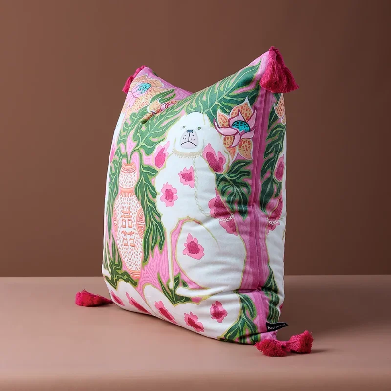 Vintage Print Decorative Pillow Cover Cute Cartoon Dog Velvet Pillowcase Decorative Pink Pillows Living Room Sofa 45x45cm