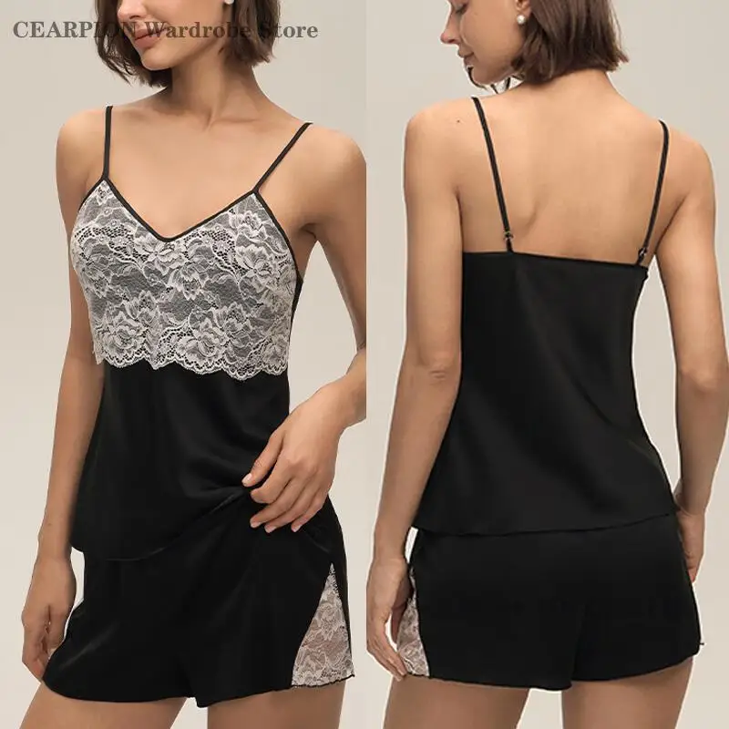

Сексуальный пижамный комплект на подтяжках, шелковистое атласное нижнее белье, свободная летняя женская одежда для сна, домашняя одежда, лоскутный топ и шорты с кружевными ремешками, пижама