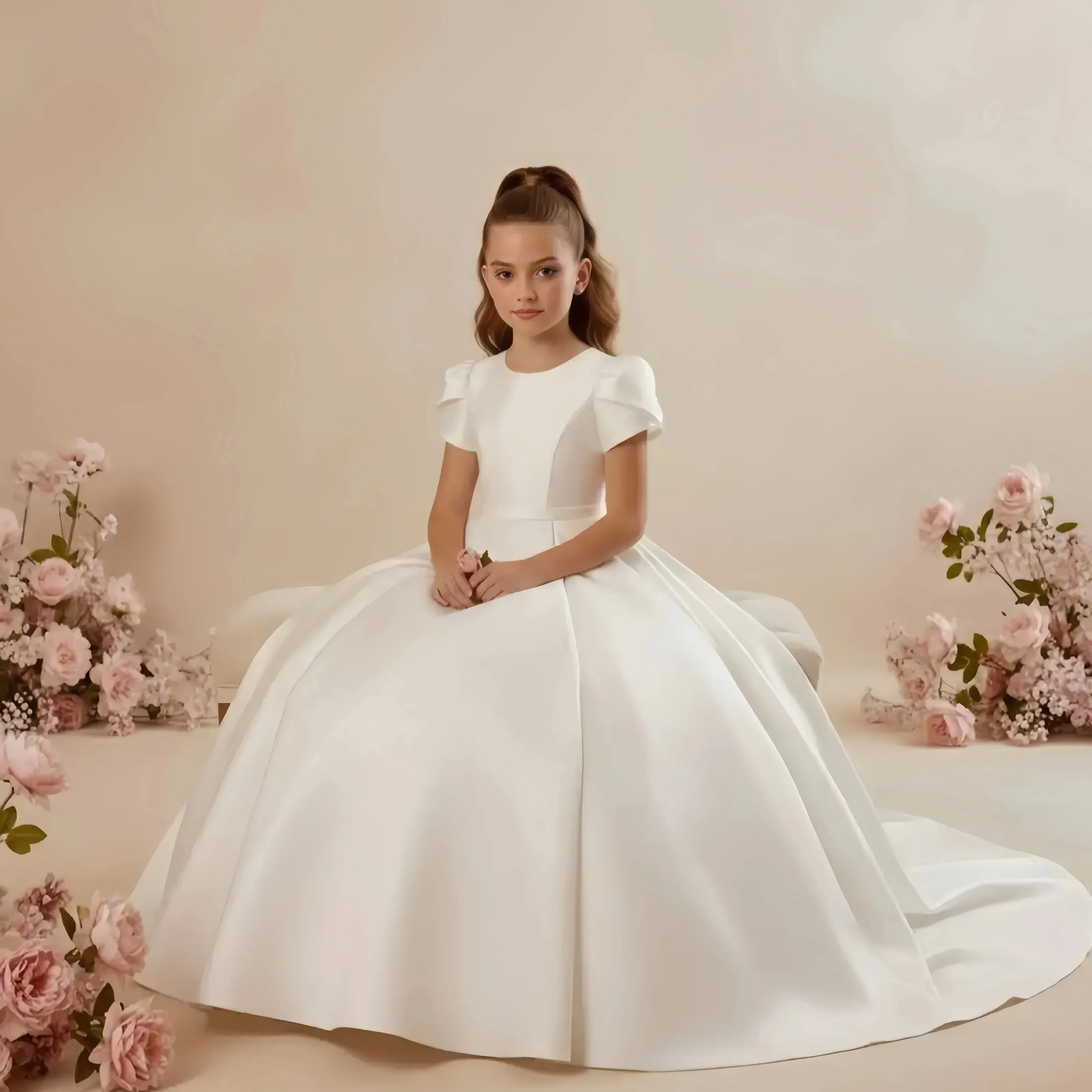 Communion Wedding With Bow Satin Ball White Flower Girl Dress Floor Length Elegant First for Birthday Party Gowns