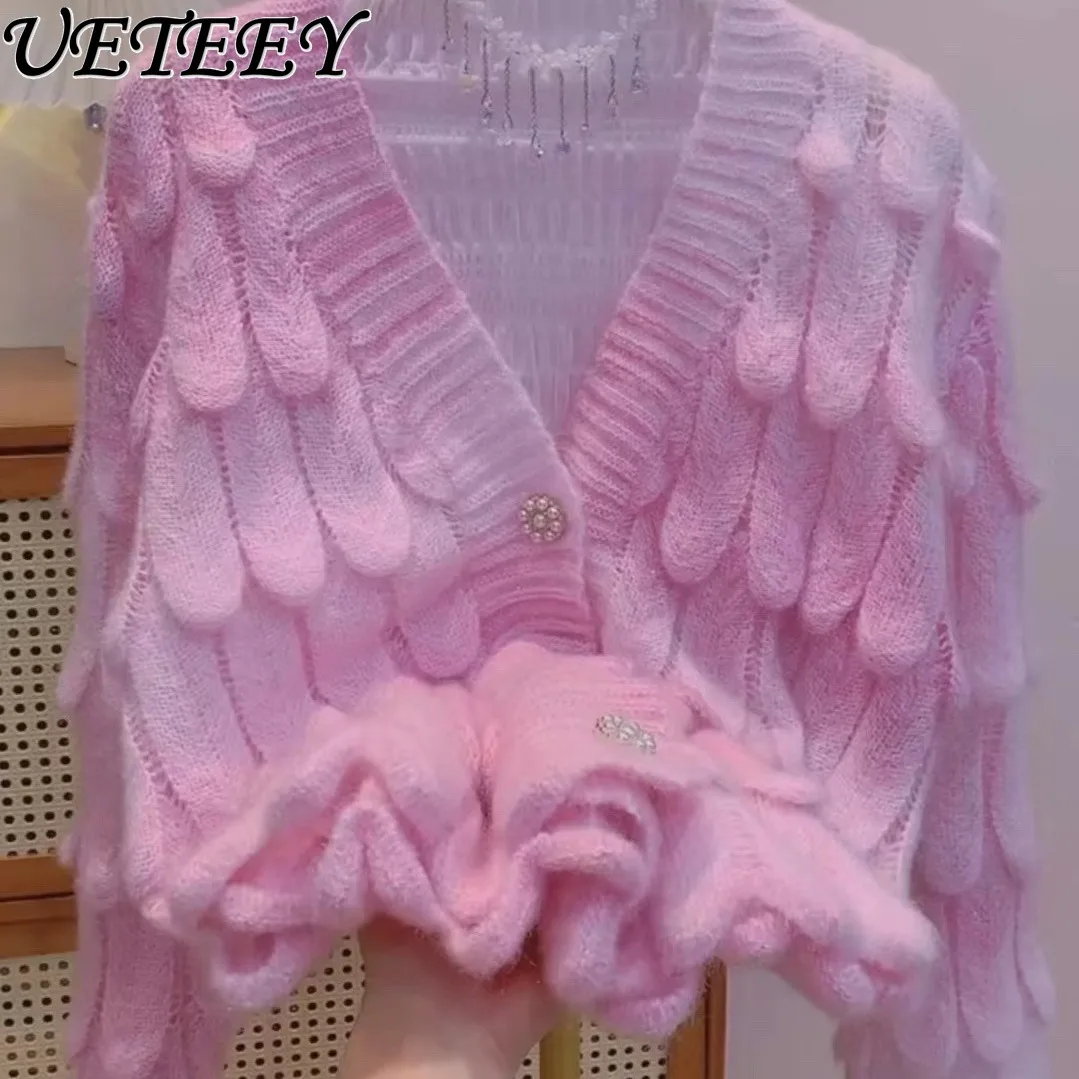 

Милый градиентный вязаный кардиган для женщин, осень-зима 2022, новый свободный свитер с 3D цветами и принтом тай-дай, градиентный свитер с v-образным вырезом и длинными рукавами, пальто