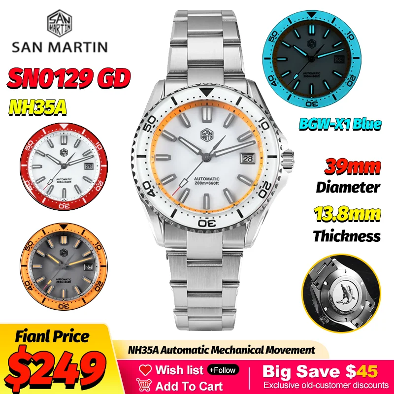 San Martin New SN0129 39Mm Mechanical Dive Mens Watch Luxury Enamel Dial NH35 Automatic Watch Full Luminous 200M Waterproof