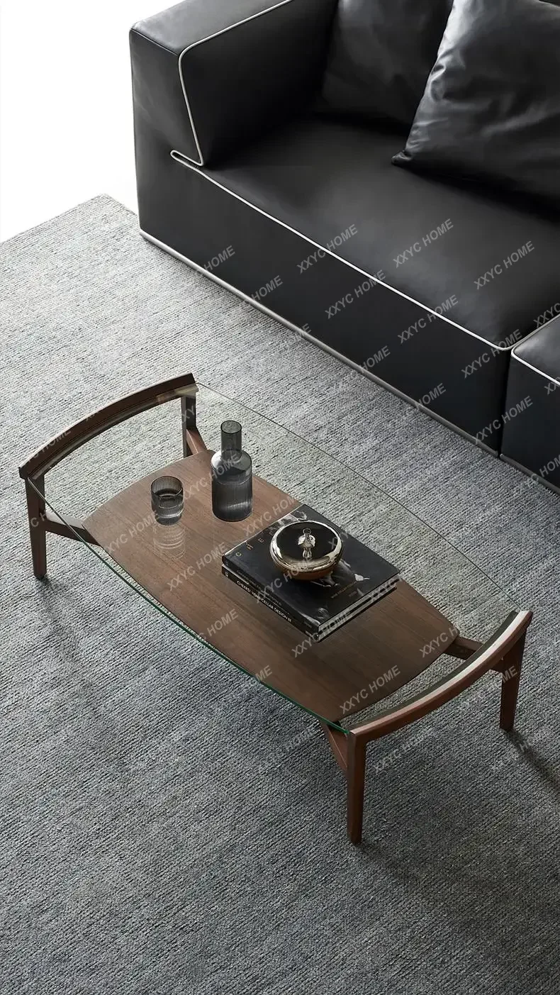L Mocha Coffee Table Black Walnut Solid Wood Glass Modern Simple Living Room Small Apartment Tea Table