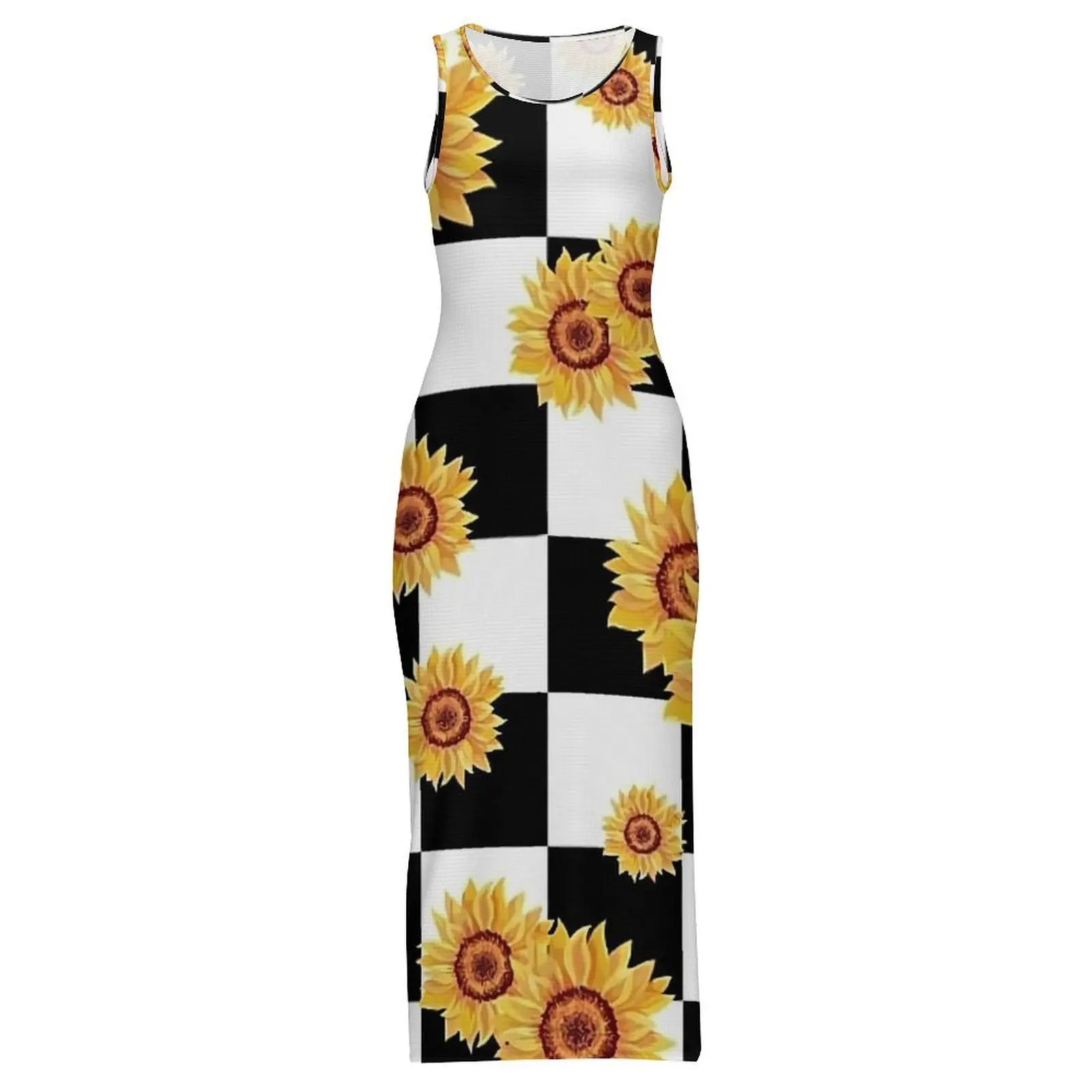 Women Bodycon Dress Vintage Sunflower Maxi Dresses Holiday Checkerboard Print Sleeveless Street Wear Print Dress Large Size 4XL