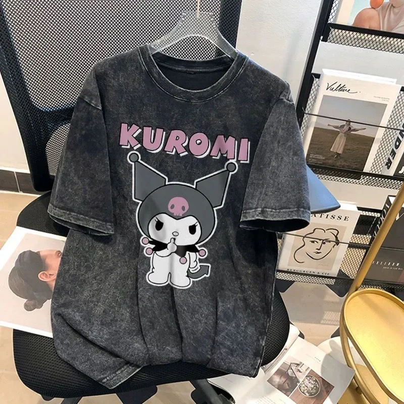 Sanrio Kuromi Graphic T Shirts Kpop Clothes Women American Retro Oversized Tshirts Y2k Streetwear Trend Tops Couples Summer Tees