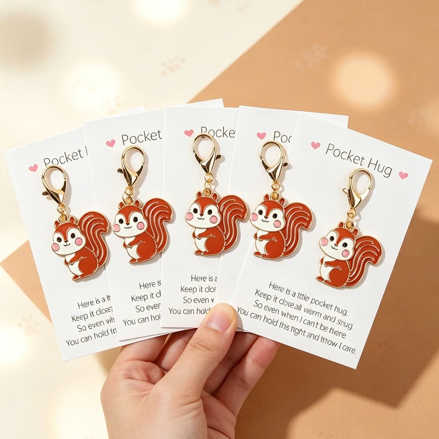 4 Pieces/5 Pieces of Cute Little Squirrel Keychains, with Pocket-Sized Greeting Cards, Animal-Themed Pendants, Perfect for Backpacks, Coin Purses, and Car Key Chains, Birthday, Party Gifts.