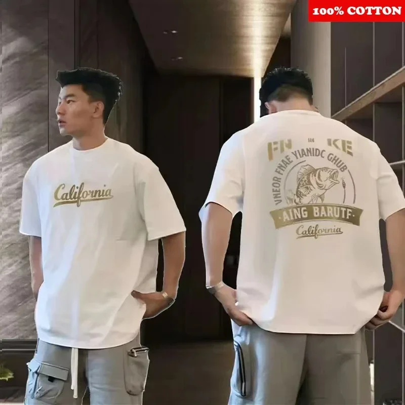 

100% Cotton Men's Print T-shirt Summer 2025 New American Streetwear High-quality Short Sleeve Tee Gym Sport Top mens clothin