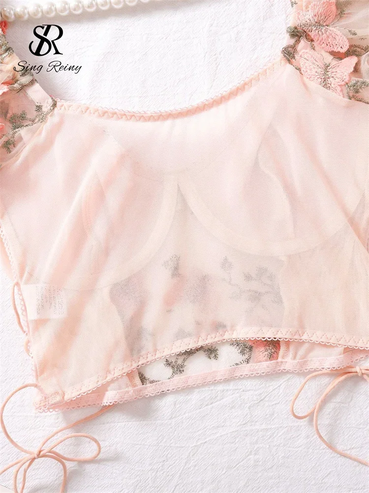 SINGREINY Maglia trasparente Biancheria intima sexy Abiti con lacci Maniche a sbuffo Top corto + Mini Slip Ricamo floreale Sensuale Set a due pezzi