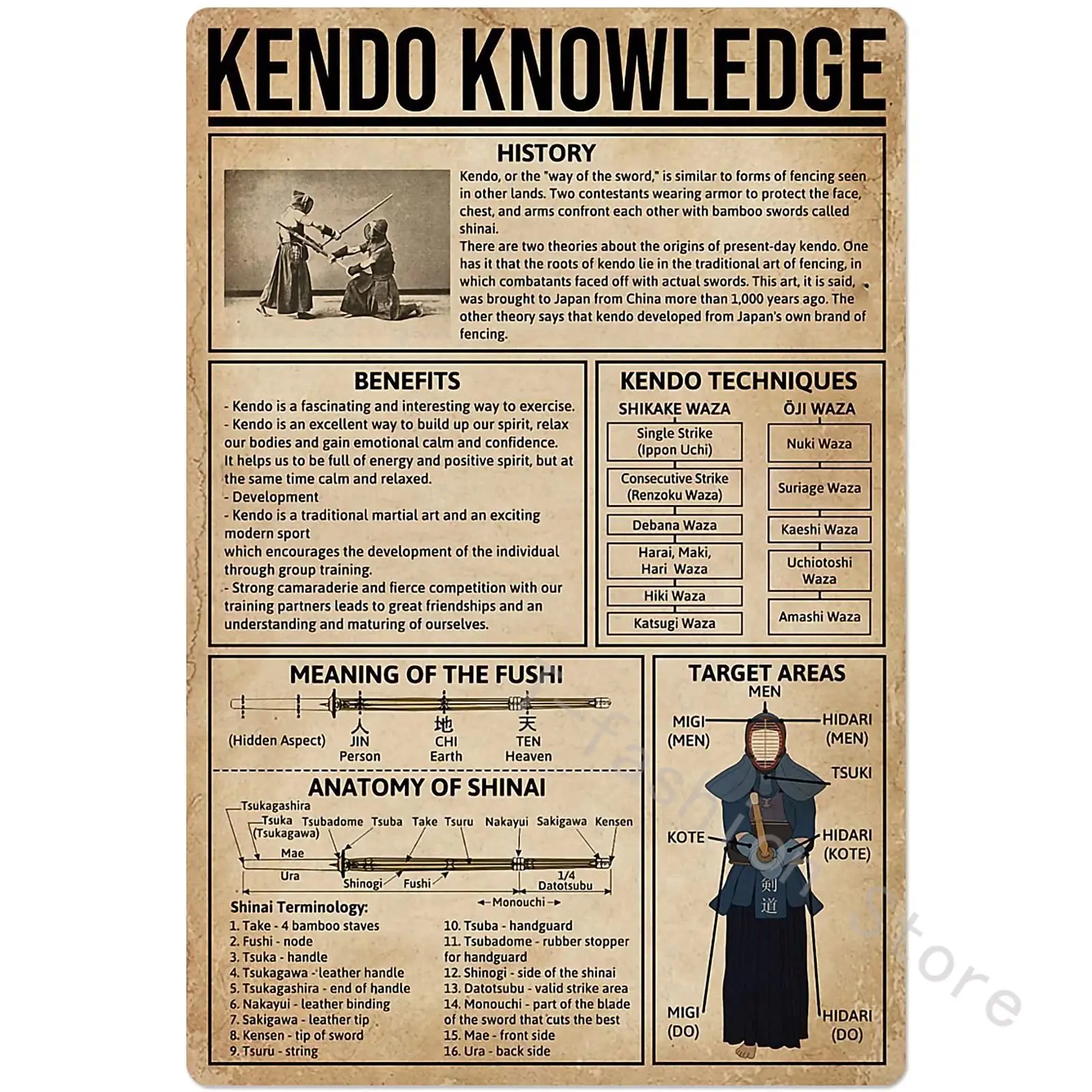 

Kendo Knowledge Metal Tin Signage History Techniques Guide Poster Martial Arts Gym Club School Education Bedroom Home Wall