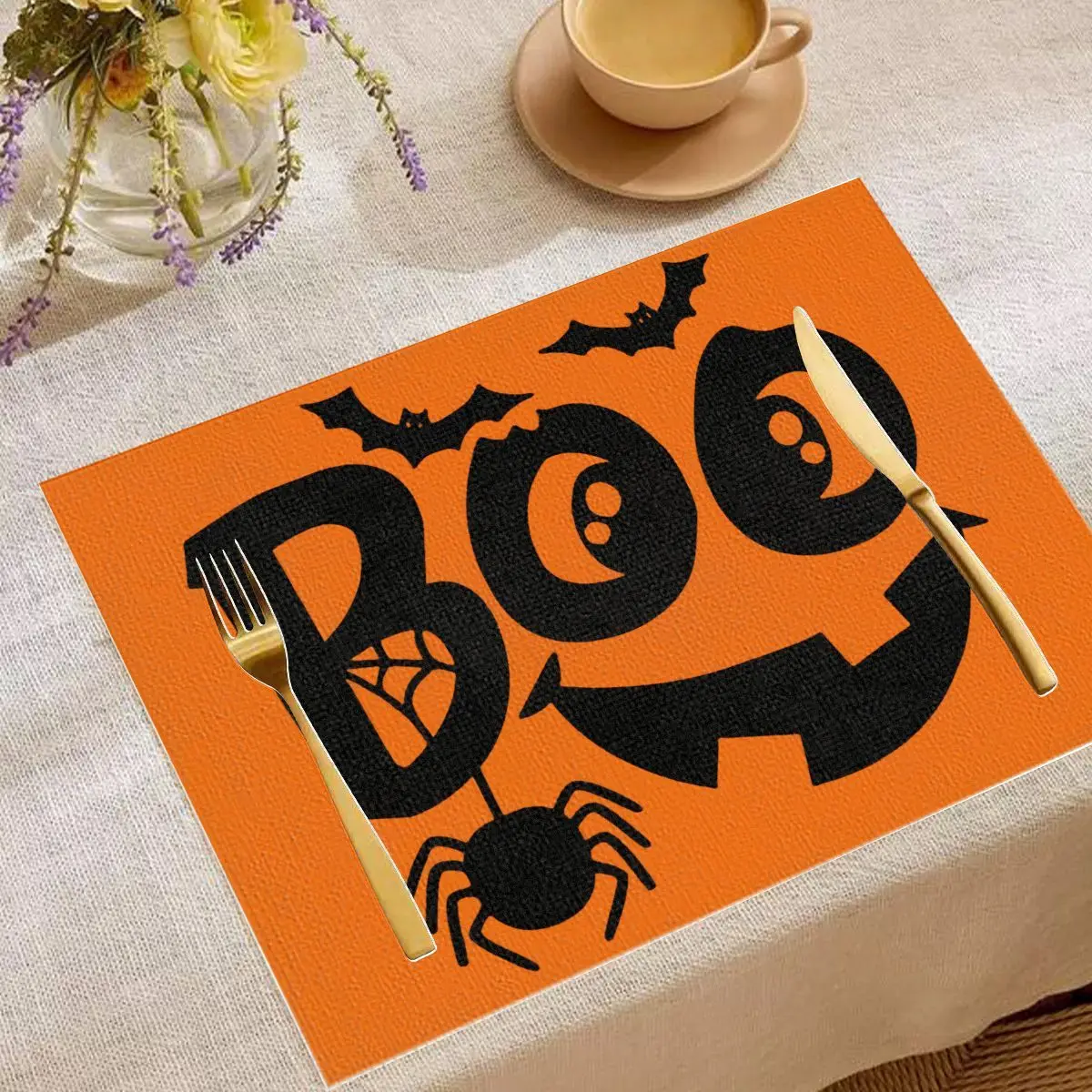 VIKAMA Boo Halloween Placemat Spider Bat Pattern Linen Table Mat Orange Base Heat Resistant Holiday Table Decor