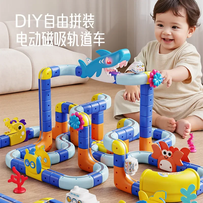 DIY Build Rail Maze Game Shark Ocean Theme Magnetic Track Toys Kids Educational Assembly Birthday Christmas Gifts