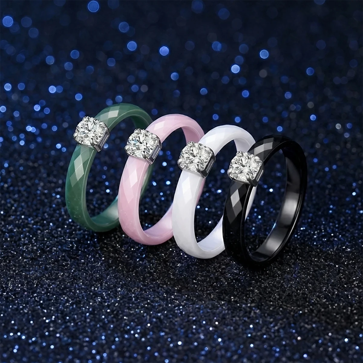 Diamond Cut Promise Ring for Women Ceramic Wedding Band 3mm Thin Minimalist Colorful Engagement Rings in Pink Green White Black