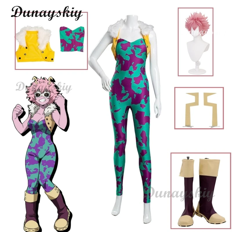 Anime My Ashido Mina Pinky Cosplay Costume Hero Mina Wig Printing Jumpsuit Academia Headwear Woman Halloween Carnival Customized