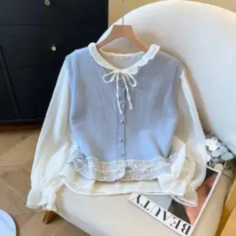 

Осенне-зимний однотонный вязаный жилет, шифоновая рубашка с длинными рукавами, темпераментный модный пуловер, повседневный топ из двух предметов