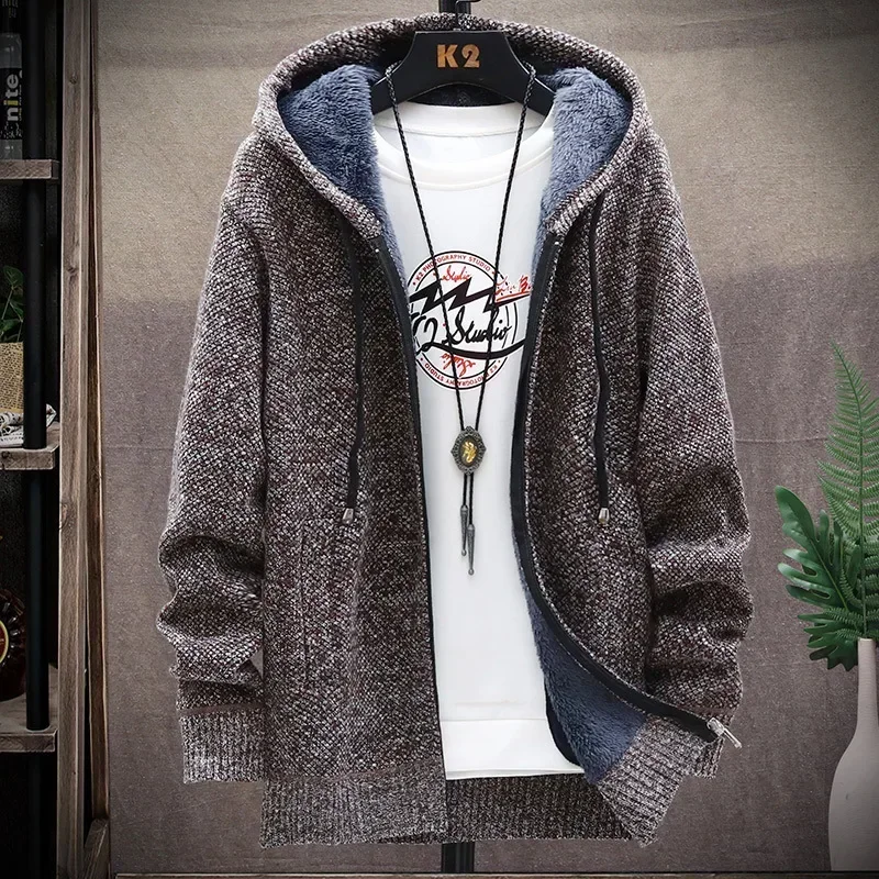 Winter Fleece Sweatercoat Men Thick Warm Hooded Kintted Mens Sweater Cardigan Solid Casual Knitting Jacket Coat Male Clothing