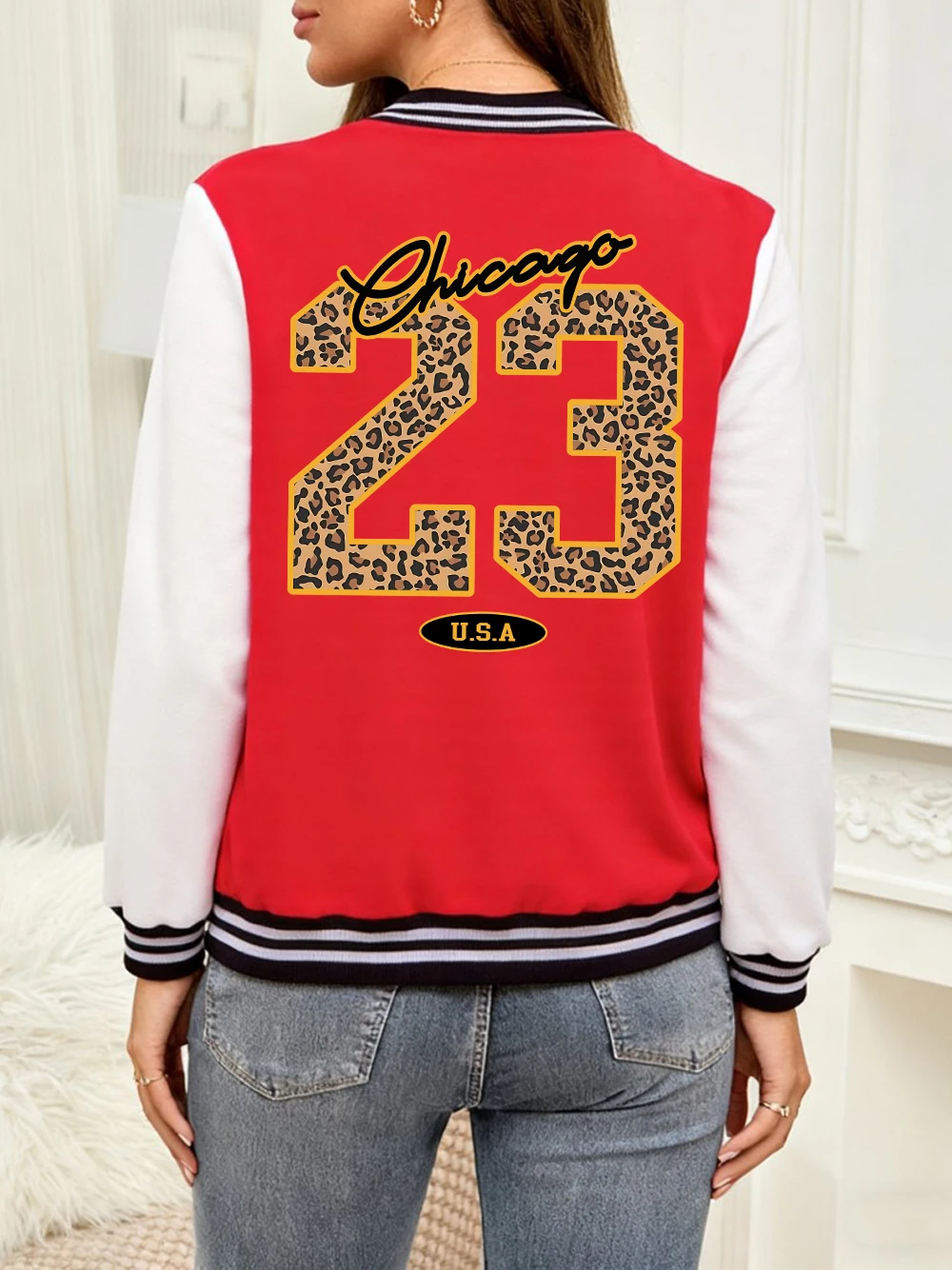 

Chicago 23 Usa Leopard Prints Coats Womens Casual Fleece Warm Baseball Jersey Basics Pocket Jackets Winter Sporty Woman Clothes