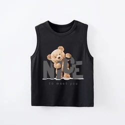 Boys Sleeveless Top Cartoon Greeting Bear Summer Comfortable Children's Clothing Baby Black Round Neck T-Shirt