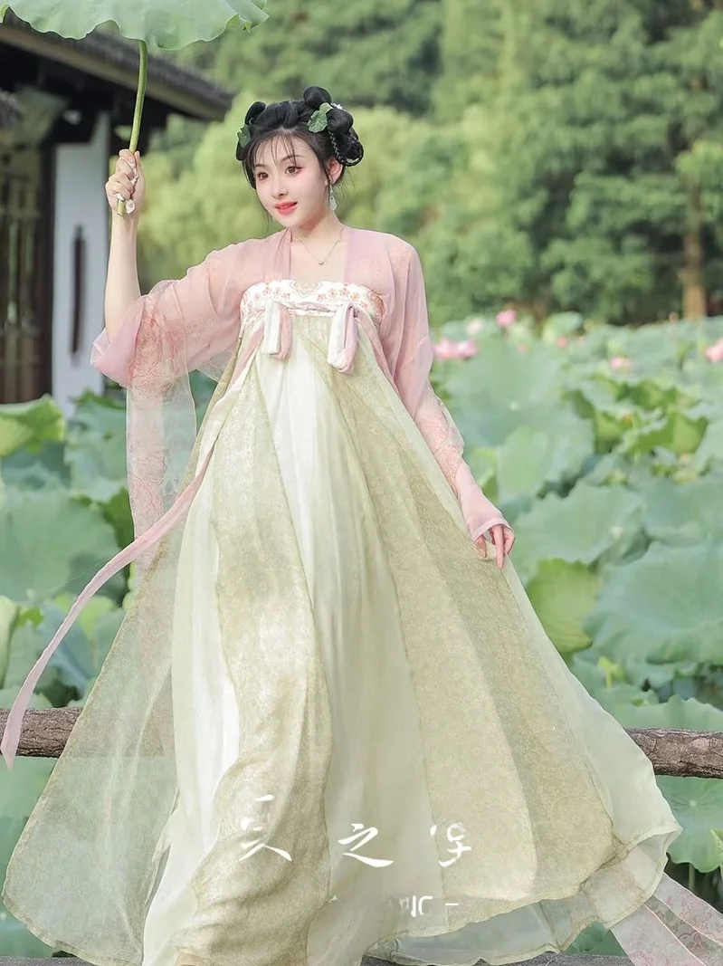 

Оригинальное платье в стиле династий Ци, Фэн, Цюнь, Тан, Ханьфу, в национальном стиле, с юбкой до груди, длинными рукавами, на одно плечо, летнее.