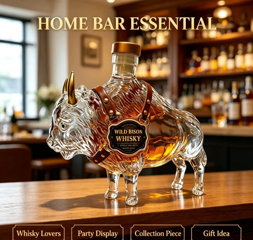 Buffalo Bison Glass Whiskey Decanter with Golden Horn Faux Leather Strap Western Style Liquor Bottle for Bar Home Collection
