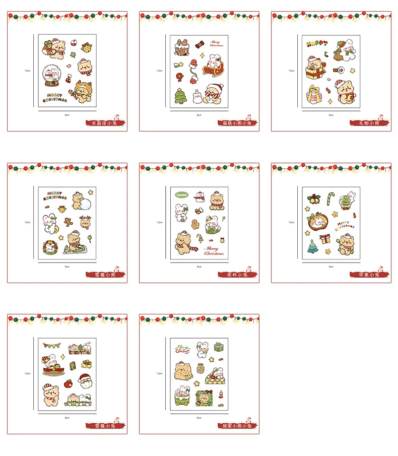 8 vellen/set Kerst Cartoon konijn Thema Waterdichte Stickers schattige sneeuwpop beer PET Stickers Decoratie Briefpapier Groothandel