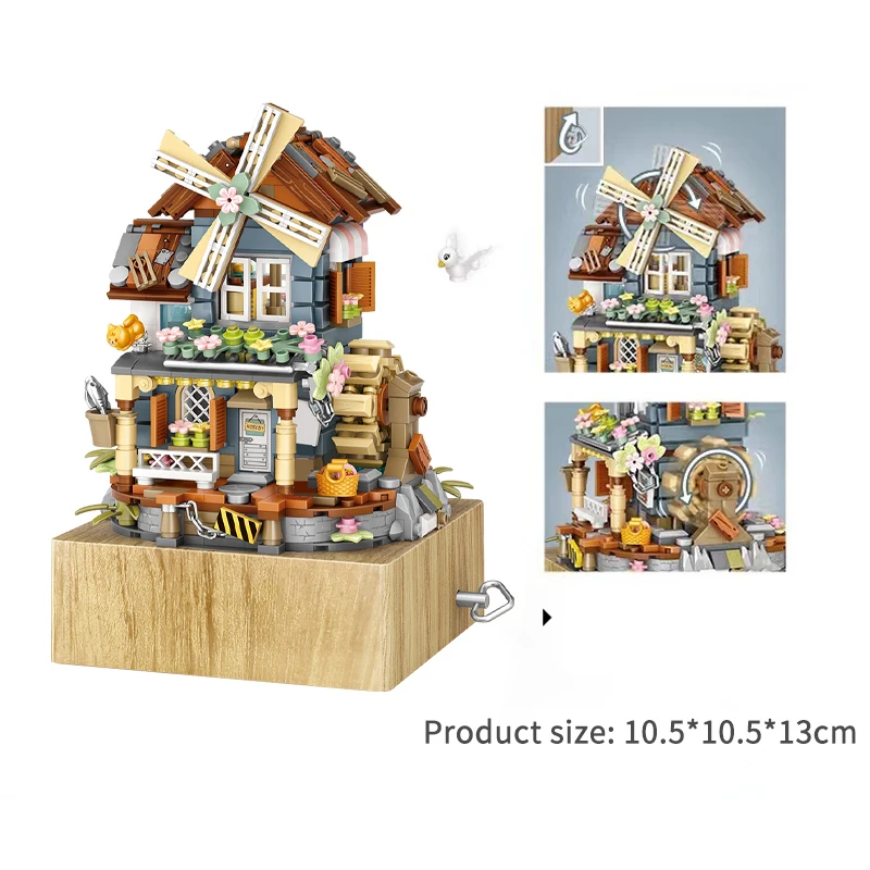 799 PCS Mini City Flower Windmill House Music Box Building Blocks Friends Figures Architecture Bricks Toys For Chlidren Gifts