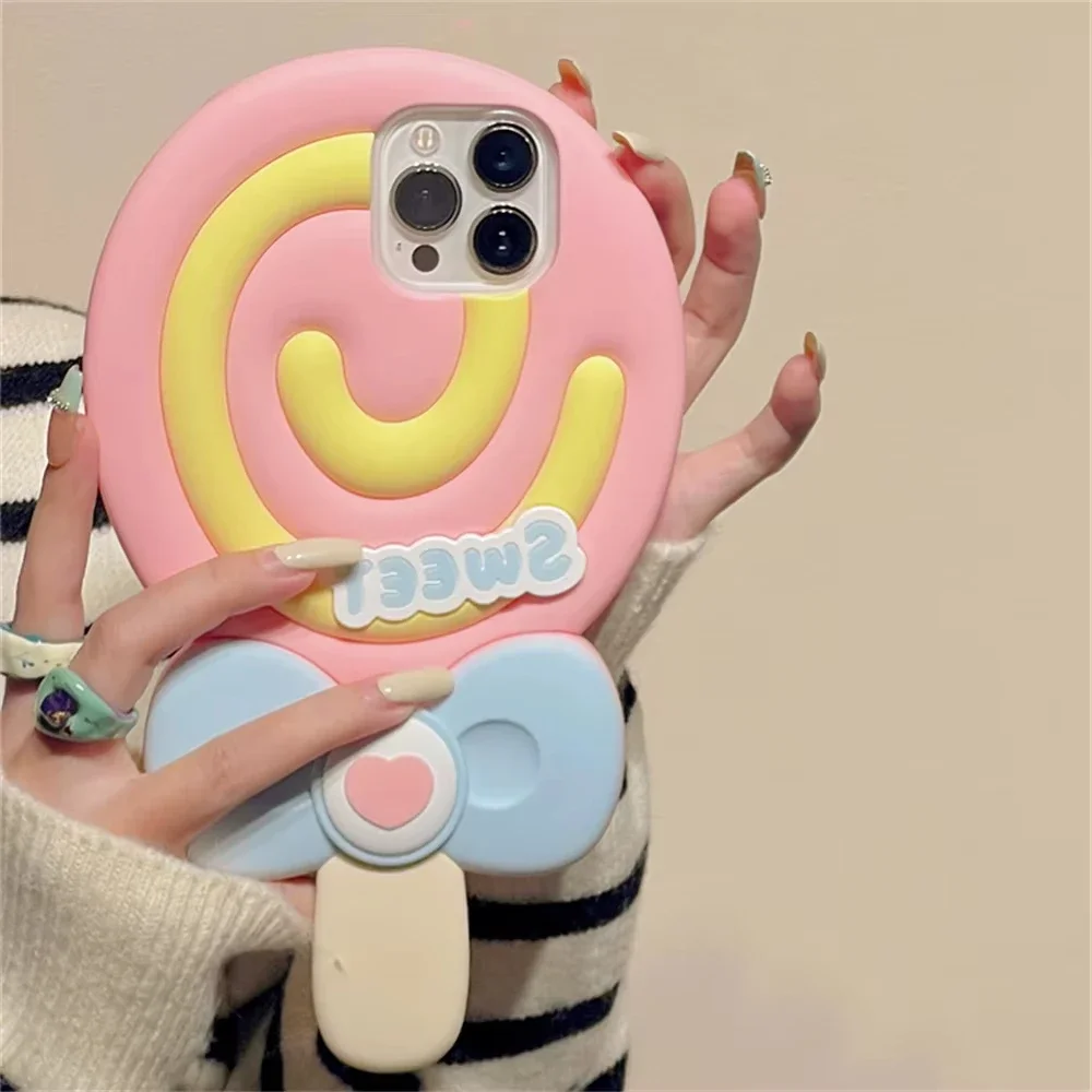 Korean Cute 3D super sweet lollipop pink silicone phone case for iPhone 11 12 13 14 15Pro Max Fun cartoon protection soft cover
