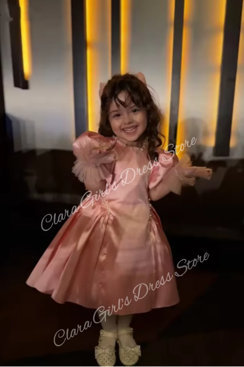 Rosa Perlen-Geburtstagspartykleid für Mädchen, kurzärmelig, A-Linie, Prinzessin, Blumenkleid, Kinderpartykleid, anpassbar
