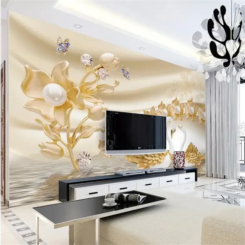 Custom Wallpaper wall papers home decor Luxury golden flowers swan jewelry TV background wall papier peint mural